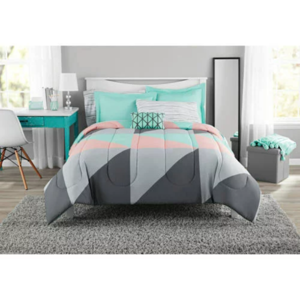 Gray and Teal Geometric 8 Piece Bed Bag Comforter Set - Image 2